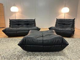 NIEUW Ligne Roset Togo Set Zwart Leer 2-Zits + 1-Zits + Poef