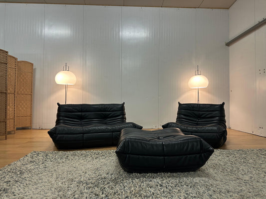 NIEUW Ligne Roset Togo Set Zwart Leer 2-Zits + 1-Zits + Poef