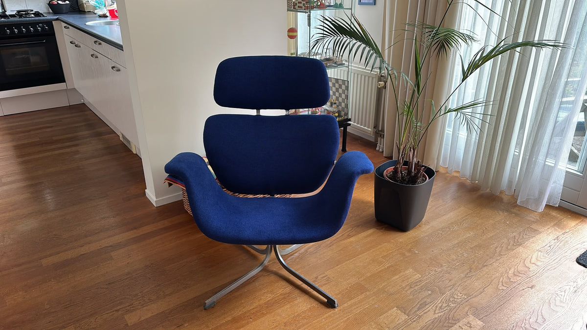 Artifort Big Tulip Fauteuil na het herstofferen: Opnieuw gestoffeerd in kobaltblauw